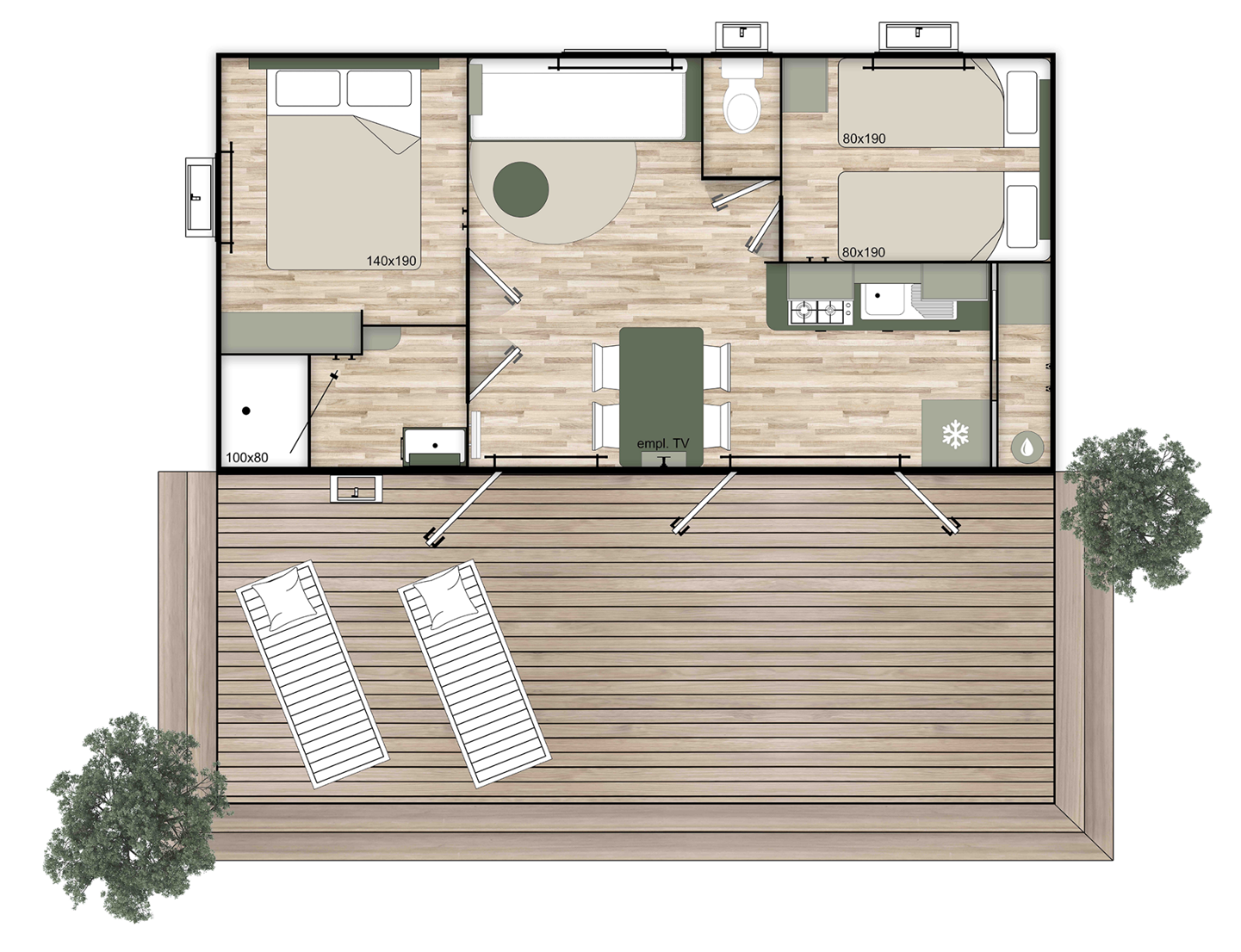 residences trigano mobil home 2chambres nest29 plan 2D