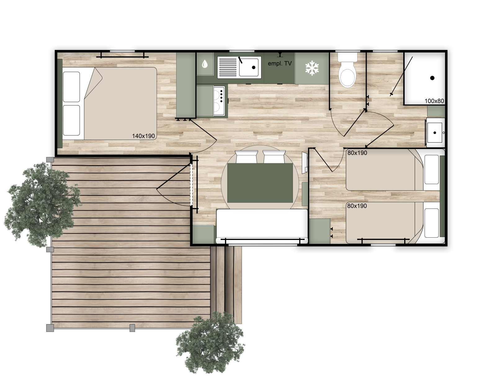 residences trigano mobil home 2chambres nest 29 left plan 2D